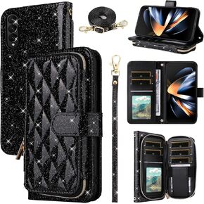 Wallet Case for Samsung Galaxy Z Fold 4 5G 2022 with Wrist Strap Crossbody Shoulder Strap,9+ Card Slots Zipper Purse,Luxury PU Leather Stand Phone Cover for ZFold4 Z4 Fold4 4Z ZFold45G Pink
