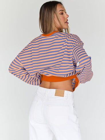 Trendy Queen Oversized Sweatshirt for Women 2024 Fall Crewneck Striped Long Sleeve Shirts Hoodies Preppy Top Y2K Outfits SEBrownWhite XL in Kuwait