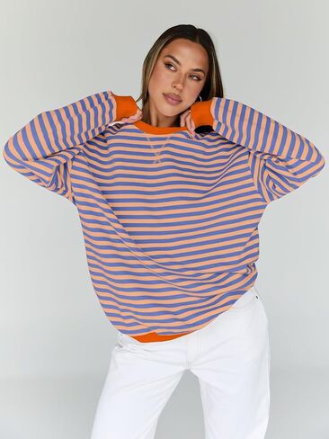 Trendy Queen Oversized Sweatshirt for Women 2024 Fall Crewneck Striped Long Sleeve Shirts Hoodies Preppy Top Y2K Outfits SEBrownWhite XL in Kuwait