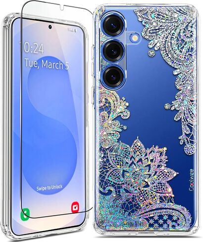 Coolwee Clear Glitter for Samsung Galaxy S25 Ultra Case, Slim Shockproof Thin Flower Cute Crystal Lace Bling Women Hard Back Soft TPU Bumper Protective Cover for Samsung S25 Ultra Mandala Henna in Kuwait