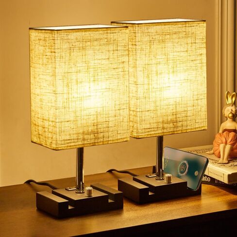 Fully Dimmable Nightstand Lamp for Bedroom with AC Outlet, Table Lamp with Two Phone Stands, Bedside Lamps, Desk Lamp for Bedroom, Living Room, LED Bulb Included Grey in Saudi Arabia