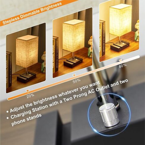 Fully Dimmable Nightstand Lamp for Bedroom with AC Outlet, Table Lamp with Two Phone Stands, Bedside Lamps, Desk Lamp for Bedroom, Living Room, LED Bulb Included Grey in Saudi Arabia