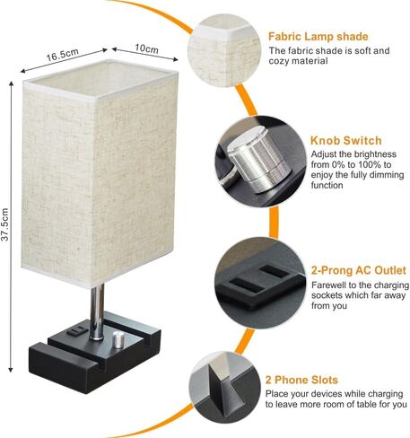 Fully Dimmable Nightstand Lamp for Bedroom with AC Outlet, Table Lamp with Two Phone Stands, Bedside Lamps, Desk Lamp for Bedroom, Living Room, LED Bulb Included Grey in Saudi Arabia