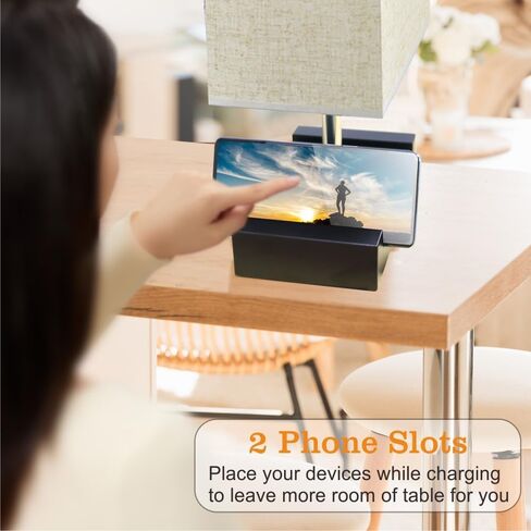 Fully Dimmable Nightstand Lamp for Bedroom with AC Outlet, Table Lamp with Two Phone Stands, Bedside Lamps, Desk Lamp for Bedroom, Living Room, LED Bulb Included Grey in Saudi Arabia