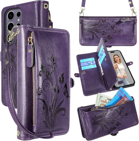 Lacass for Samsung Galaxy S25 Ultra Case Wallet ، [Cards Scan Scan Protection] Card Szipper Leather Flip Cover Cover Crossbody Wrist مع حامل (أسود أزهار) in Kuwait