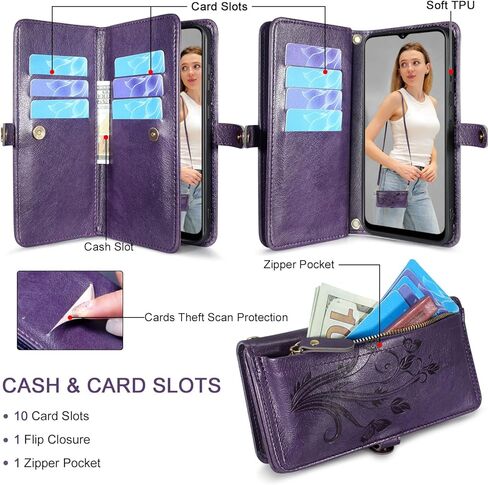 Lacass for Samsung Galaxy S25 Ultra Case Wallet ، [Cards Scan Scan Protection] Card Szipper Leather Flip Cover Cover Crossbody Wrist مع حامل (أسود أزهار) in Kuwait