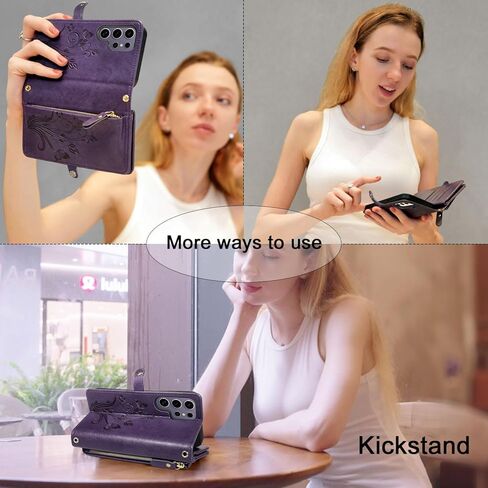 Lacass for Samsung Galaxy S25 Ultra Case Wallet ، [Cards Scan Scan Protection] Card Szipper Leather Flip Cover Cover Crossbody Wrist مع حامل (أسود أزهار) in Kuwait