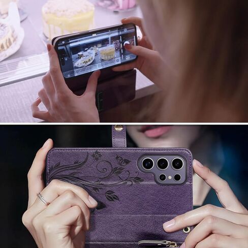 Lacass for Samsung Galaxy S25 Ultra Case Wallet ، [Cards Scan Scan Protection] Card Szipper Leather Flip Cover Cover Crossbody Wrist مع حامل (أسود أزهار) in Kuwait