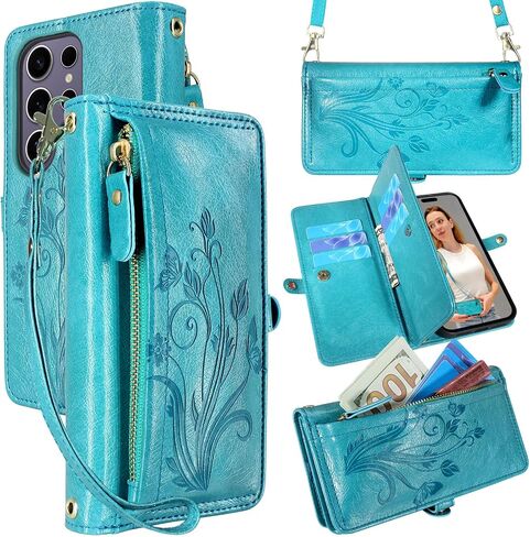 Lacass for Samsung Galaxy S25 Ultra Case Wallet ، [Cards Scan Scan Protection] Card Szipper Leather Flip Cover Cover Crossbody Wrist مع حامل (أسود أزهار) in Kuwait