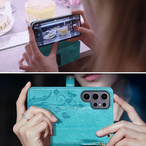 Lacass for Samsung Galaxy S25 Ultra Case Wallet ، [Cards Scan Scan Protection] Card Szipper Leather Flip Cover Cover Crossbody Wrist مع حامل (أسود أزهار) in Kuwait