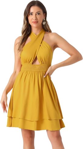 Allegra K Halter Neck Sleeveless Dress for Women's Summer Smocked Backless Layered Mini Dresses in Saudi Arabia