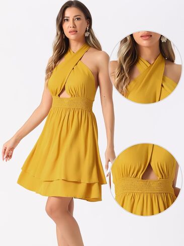 Allegra K Halter Neck Sleeveless Dress for Women's Summer Smocked Backless Layered Mini Dresses in Saudi Arabia