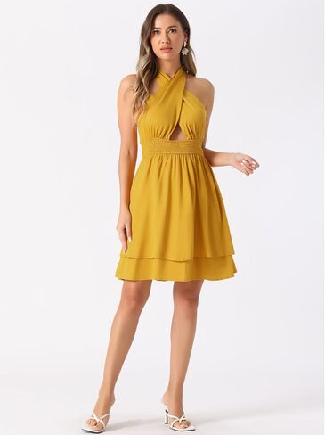 Allegra K Halter Neck Sleeveless Dress for Women's Summer Smocked Backless Layered Mini Dresses in Saudi Arabia