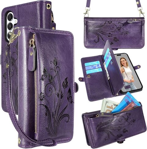 Lacass for Samsung Galaxy A16 5G Case Wallet,[Cards Theft Scan Protection] Card Holder Zipper Leather Flip Cover Crossbody Wrist Strap with Stand (Floral Blue Green) in Kuwait