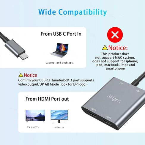 شركات USB C إلى محول HDMI المزدوج ، (2 في 1) محول USB C Hub Multiport مع 2 HDMI ، مزدوج شاشة محول دعم الكمبيوتر المحمول USB C إلى HDMI Flitter 1 في 2 Out شاشة العرض لجهاز USB C in Kuwait