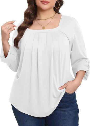 بلايز مقاسات كبيرة للنساء 3/4 كم رقبة مربعة تونك كاجوال فضفاض مناسب للقمصان بلوزة L-4XL in Kuwait