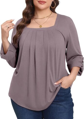 بلايز مقاسات كبيرة للنساء 3/4 كم رقبة مربعة تونك كاجوال فضفاض مناسب للقمصان بلوزة L-4XL in Kuwait