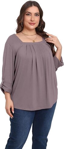 بلايز مقاسات كبيرة للنساء 3/4 كم رقبة مربعة تونك كاجوال فضفاض مناسب للقمصان بلوزة L-4XL in Kuwait