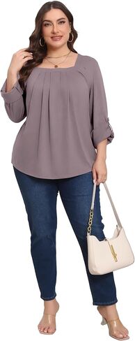 بلايز مقاسات كبيرة للنساء 3/4 كم رقبة مربعة تونك كاجوال فضفاض مناسب للقمصان بلوزة L-4XL in Kuwait