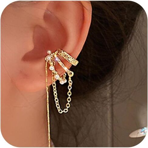 Ear Cuffs Non Piercing Gold Ear Cuff Earrings for Women Hoop Chain Earrings Dangle Hypoallergenic Clip on Earrings Adjustable Cartilage Earrings Gifts in Saudi Arabia