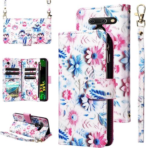 حقيبة محفظة لـ LG G8 Thinq مع حزام معصم كروس كتف حزام زهرة جلدية من جلود حامل بطاقة الائتمان حامل الهاتف LGG8 Thin Q G 8 LG8 G8THINQ LGG8THINQ in Kuwait