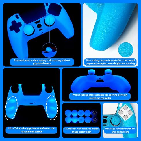 يغطى اللمعان المضاد للانزلاق السيليكون قبضة الجلد المتوافقة مع PS5/Slim/Pro Controller ، 8 PCS Clitter Thumb Grips Caps و 2 Clips Caps. (Glitter Pink) in Kuwait
