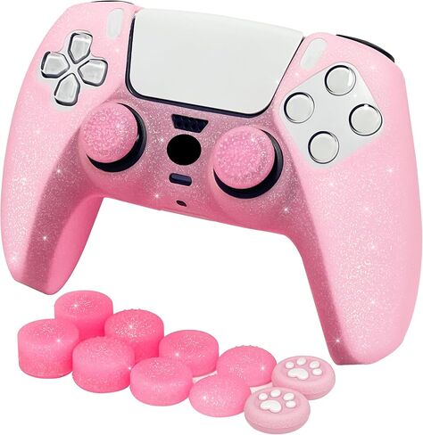 Pink Glitter Anti-Slip Protective Silicone Cover Skin Grips Compatible with PS5/Slim/Pro Controller,8 PCS Glitter Thumb Grips Caps and 2 Grips Caps. (Glitter Pink) in Saudi Arabia