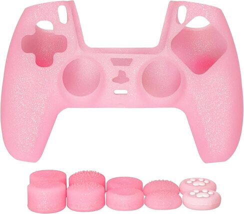 Pink Glitter Anti-Slip Protective Silicone Cover Skin Grips Compatible with PS5/Slim/Pro Controller,8 PCS Glitter Thumb Grips Caps and 2 Grips Caps. (Glitter Pink) in Saudi Arabia