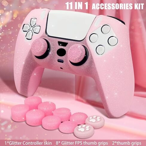 Pink Glitter Anti-Slip Protective Silicone Cover Skin Grips Compatible with PS5/Slim/Pro Controller,8 PCS Glitter Thumb Grips Caps and 2 Grips Caps. (Glitter Pink) in Saudi Arabia