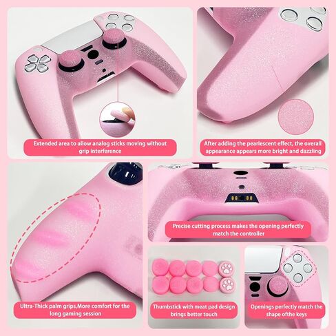 Pink Glitter Anti-Slip Protective Silicone Cover Skin Grips Compatible with PS5/Slim/Pro Controller,8 PCS Glitter Thumb Grips Caps and 2 Grips Caps. (Glitter Pink) in Saudi Arabia