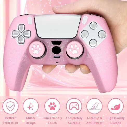 Pink Glitter Anti-Slip Protective Silicone Cover Skin Grips Compatible with PS5/Slim/Pro Controller,8 PCS Glitter Thumb Grips Caps and 2 Grips Caps. (Glitter Pink) in Saudi Arabia