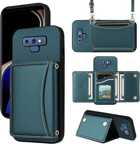Wallet Case for Samsung Galaxy Note 9 with Crossbody Strap Premium PU Leather Card Holder Shockproof Heavy Duty Full Body Accessories Slim Cell Phone Cover for Note9 Not S9 Women Men Black in Kuwait