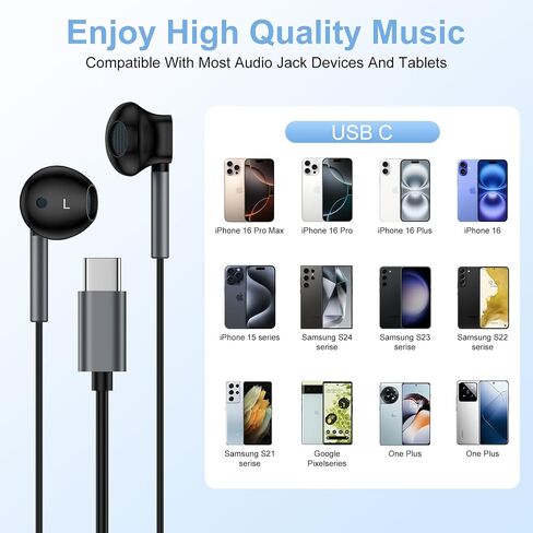 سماعات Samsung S25 USB C سلكية لـ Galaxy S25 Ultra S24 Ultra Fe/S23/S22/S21/S20 ، سماعات USB Type C سماعات الأذن السلكية السلكية سماعات الأذن HIFI مع التحكم في حجم MIC لـ iPhone 16 Pro 15 Max Plus in Kuwait