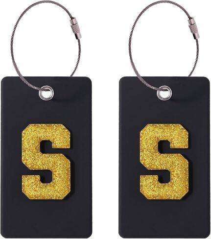 2 Pcs Silicone Luggage Tags with Glitter Initials, Travel Accessories for Suitcases, Backpacks, ID Tags for Men, Women, Business, Holiday Travel (Black/Pink, S) in Saudi Arabia