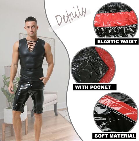Mens PU Leather Shorts Straight Leg Button Flat Front Workout Shorts Boxer Short Pants with Pockets in Kuwait