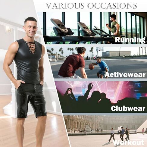 Mens PU Leather Shorts Straight Leg Button Flat Front Workout Shorts Boxer Short Pants with Pockets in Kuwait