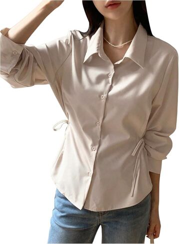 SweatyRocks Women's Button Down Long Sleeve Blouse Side Drawstring Shirt Work Business Tops in Saudi Arabia