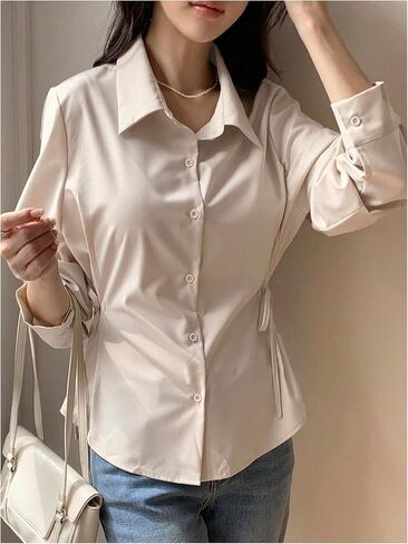SweatyRocks Women's Button Down Long Sleeve Blouse Side Drawstring Shirt Work Business Tops in Saudi Arabia