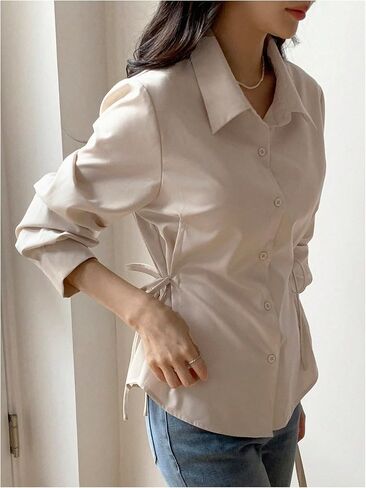 SweatyRocks Women's Button Down Long Sleeve Blouse Side Drawstring Shirt Work Business Tops in Saudi Arabia