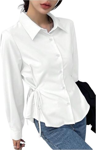 SweatyRocks Women's Button Down Long Sleeve Blouse Side Drawstring Shirt Work Business Tops in Saudi Arabia
