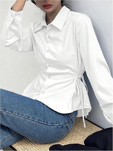 SweatyRocks Women's Button Down Long Sleeve Blouse Side Drawstring Shirt Work Business Tops in Saudi Arabia