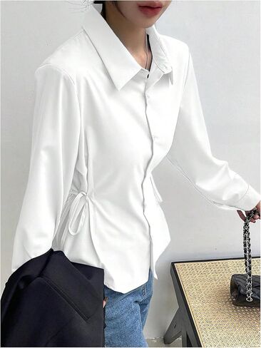 SweatyRocks Women's Button Down Long Sleeve Blouse Side Drawstring Shirt Work Business Tops in Saudi Arabia