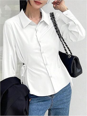 SweatyRocks Women's Button Down Long Sleeve Blouse Side Drawstring Shirt Work Business Tops in Saudi Arabia