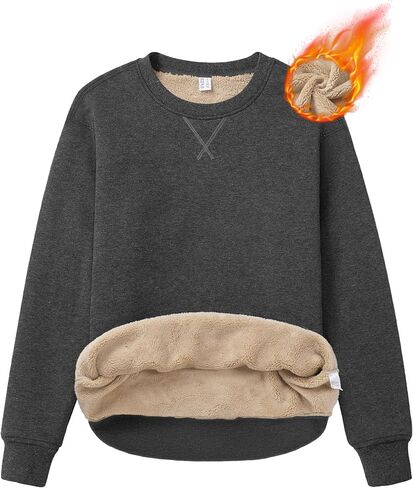 MAGCOMSEN بلوزات الشتاء النسائية شيربا اصطف Crewneck كنزة صوف دافئة عادية الوزن الثقيل كم طويل بلايز in Kuwait