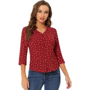 Allegra K 3/4 Sleeve Top for Women's Heart Print V Neck Button-Up Casual Blouse Shirt