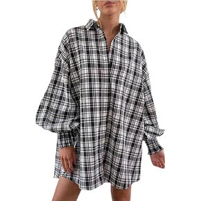 Women’s Flannel Dress Long Lantern Sleeve Button Down Casual Plaid Shirt Dress Oversized Blouse Tops