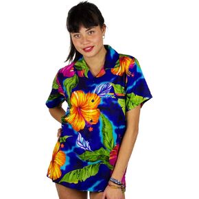 Funky Hawaiian Shirt Blouse Women Shortsleeve Frontpocket Hawaiian-Print Leaves Flowers Allover Unisex