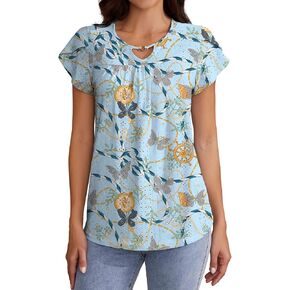 Neineiwu Womens Dressy Casual Short Petal Sleeve Shirts Pleated Loose Tops Blouses