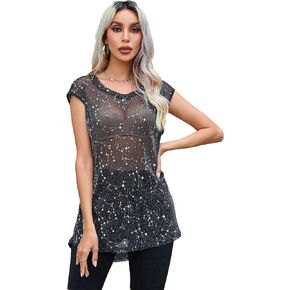WDIRARA Women's Star Print Sheer Mesh Round Neck Cap Sleeve Top Cocktail Party See Through Long Blouse