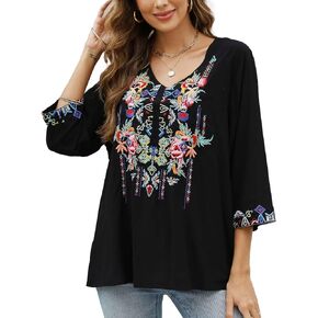 LauraKlein Women's Mexican Embroidered Tops for Women V Neck 3/4 Sleeve Shirts Peasant Casual Loose Summer Tunics Blouse